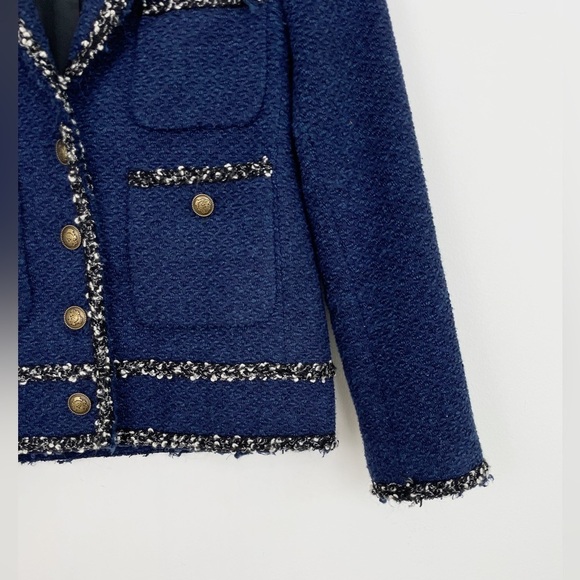Zara Woman Blue Navy Frayed Tweed Knit Blazer Size Xsmall - Picture 8 of 16